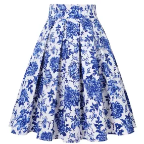 Uniwim White Blue 50s Vintage Floral Pleated Skirts Womens School Korean 2024 Punk Y2K Cotton Rockabilly 50s Pinup Casual Party Skater