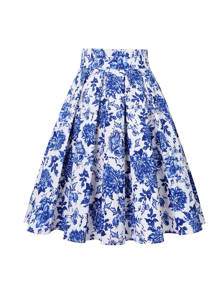 Uniwim White Blue 50s Vintage Floral Pleated Skirts Womens School Korean 2024 Punk Y2K Cotton Rockabilly 50s Pinup Casual Party Skater