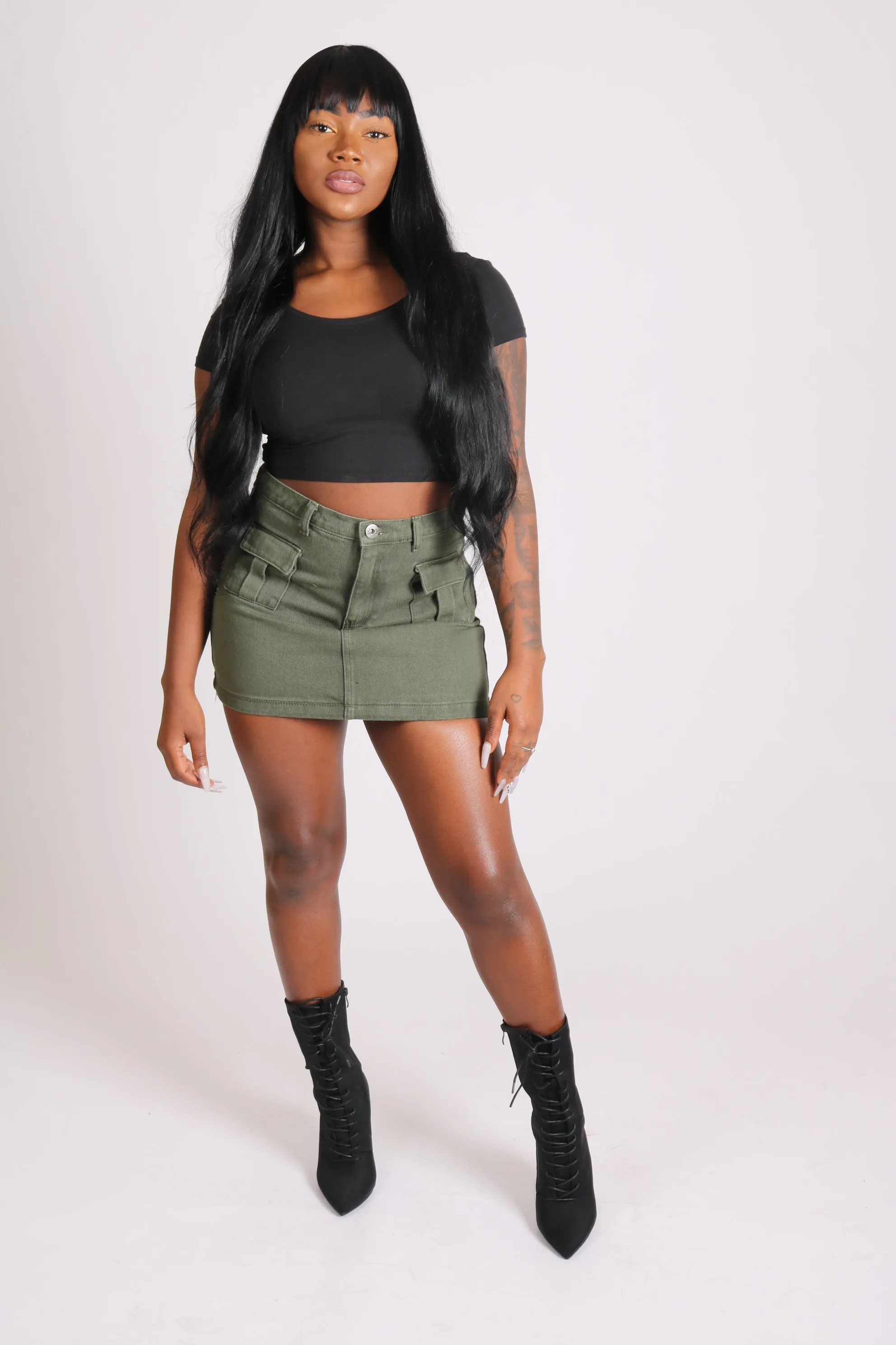 Utility Pocket Denim Mini Skirt In Khaki