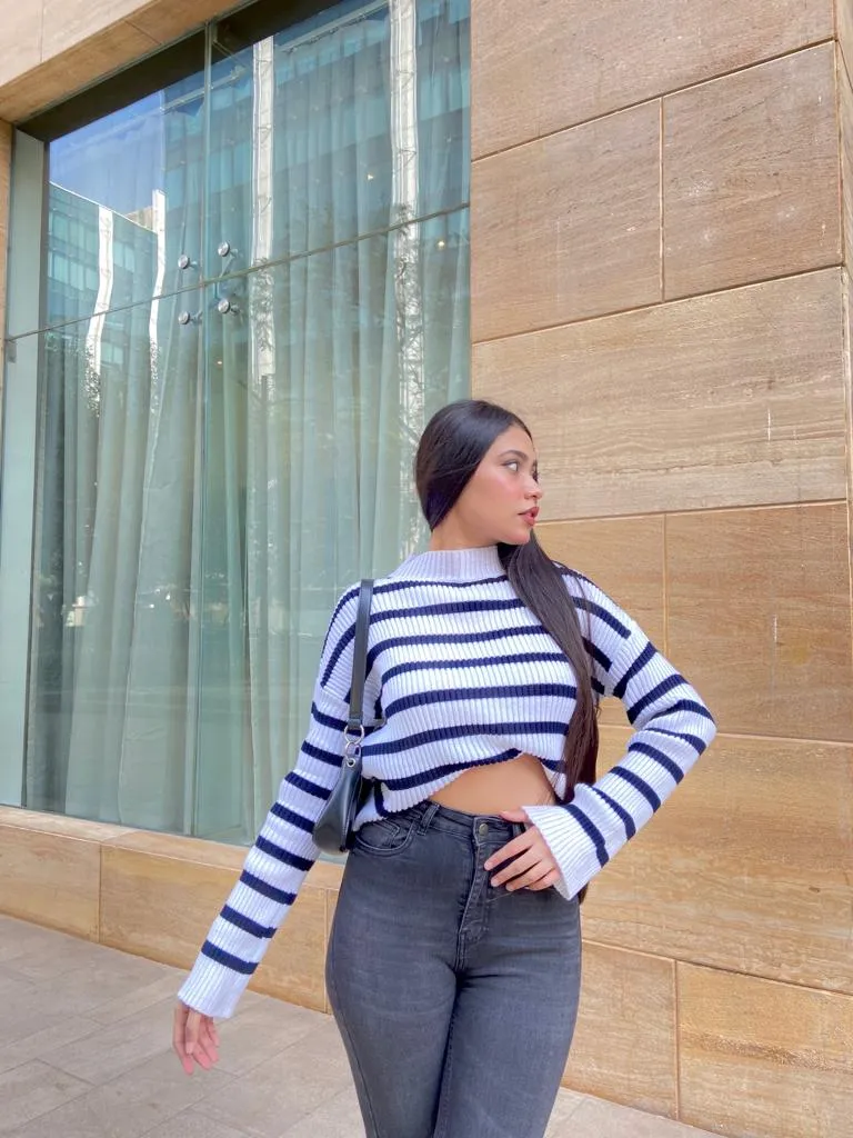 White & Navy striped knitted oversized jumper