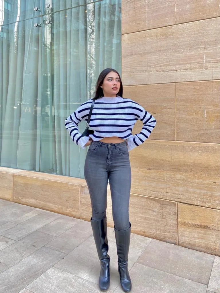 White & Navy striped knitted oversized jumper