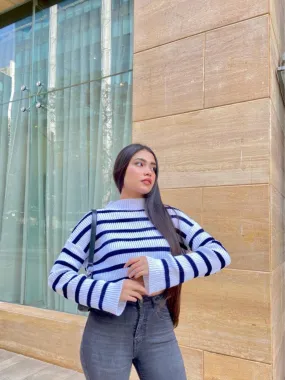 White & Navy striped knitted oversized jumper