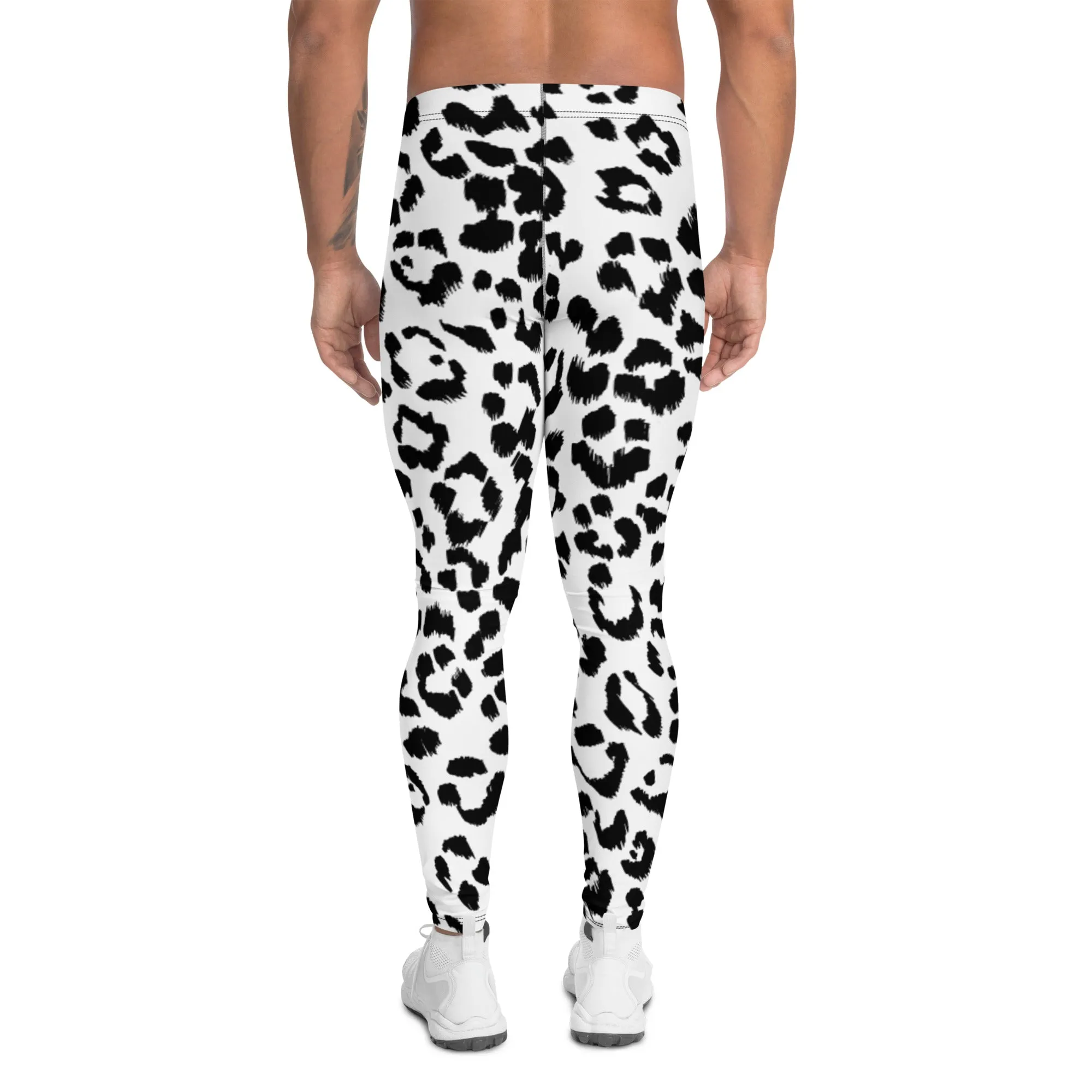 White Black Leopard Men's Leggings, Animal Leopard Print Best Designer Meggings Tights-Made in USA/EU/MX