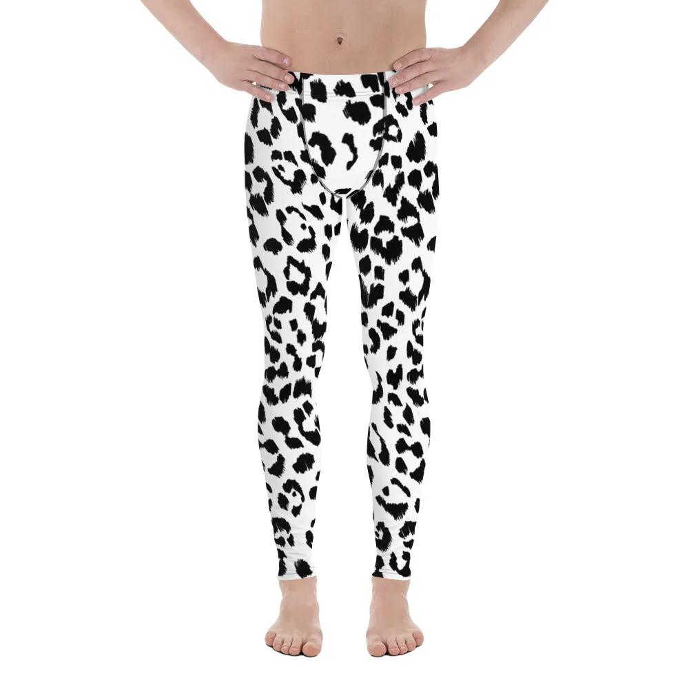 White Black Leopard Men's Leggings, Animal Leopard Print Best Designer Meggings Tights-Made in USA/EU/MX