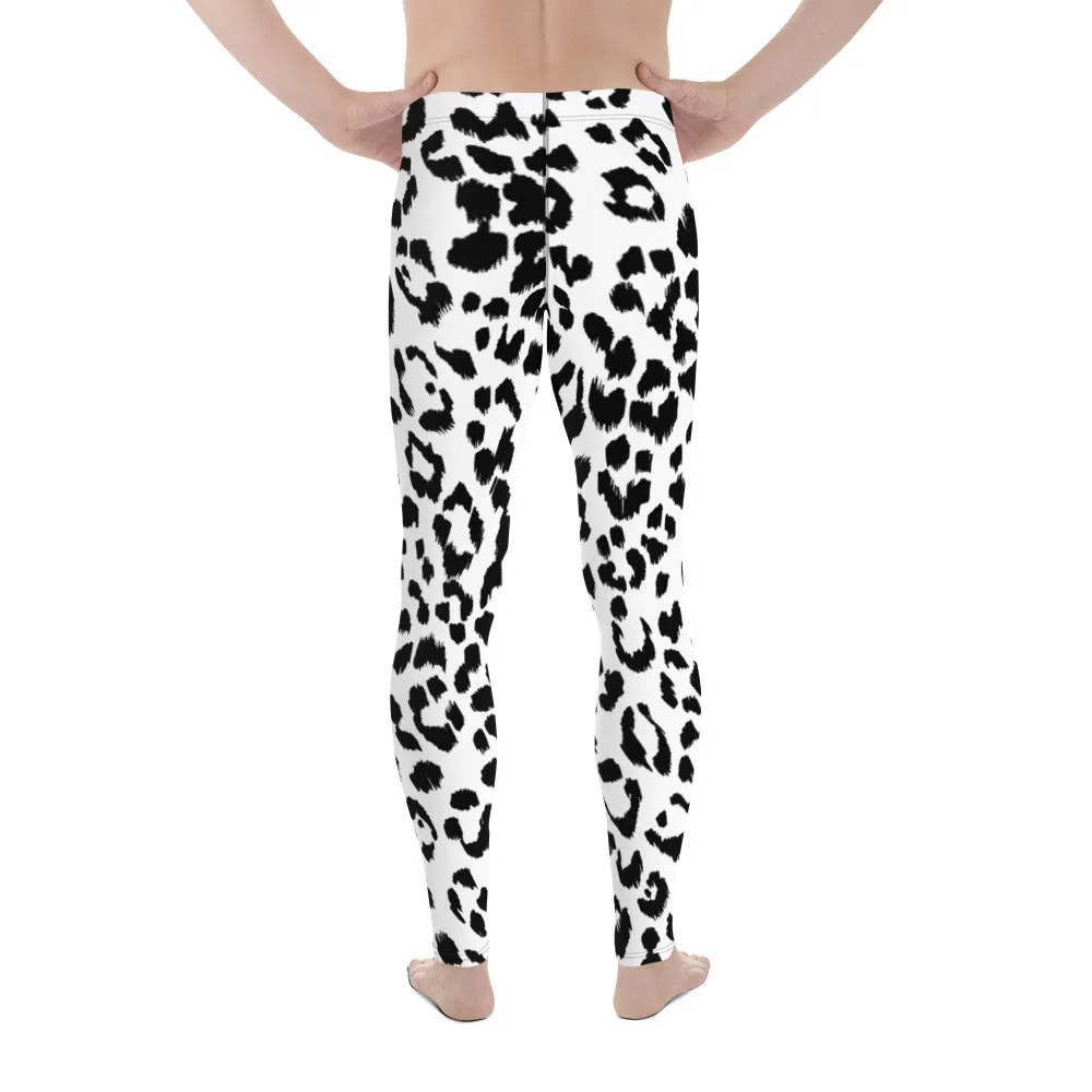 White Black Leopard Men's Leggings, Animal Leopard Print Best Designer Meggings Tights-Made in USA/EU/MX