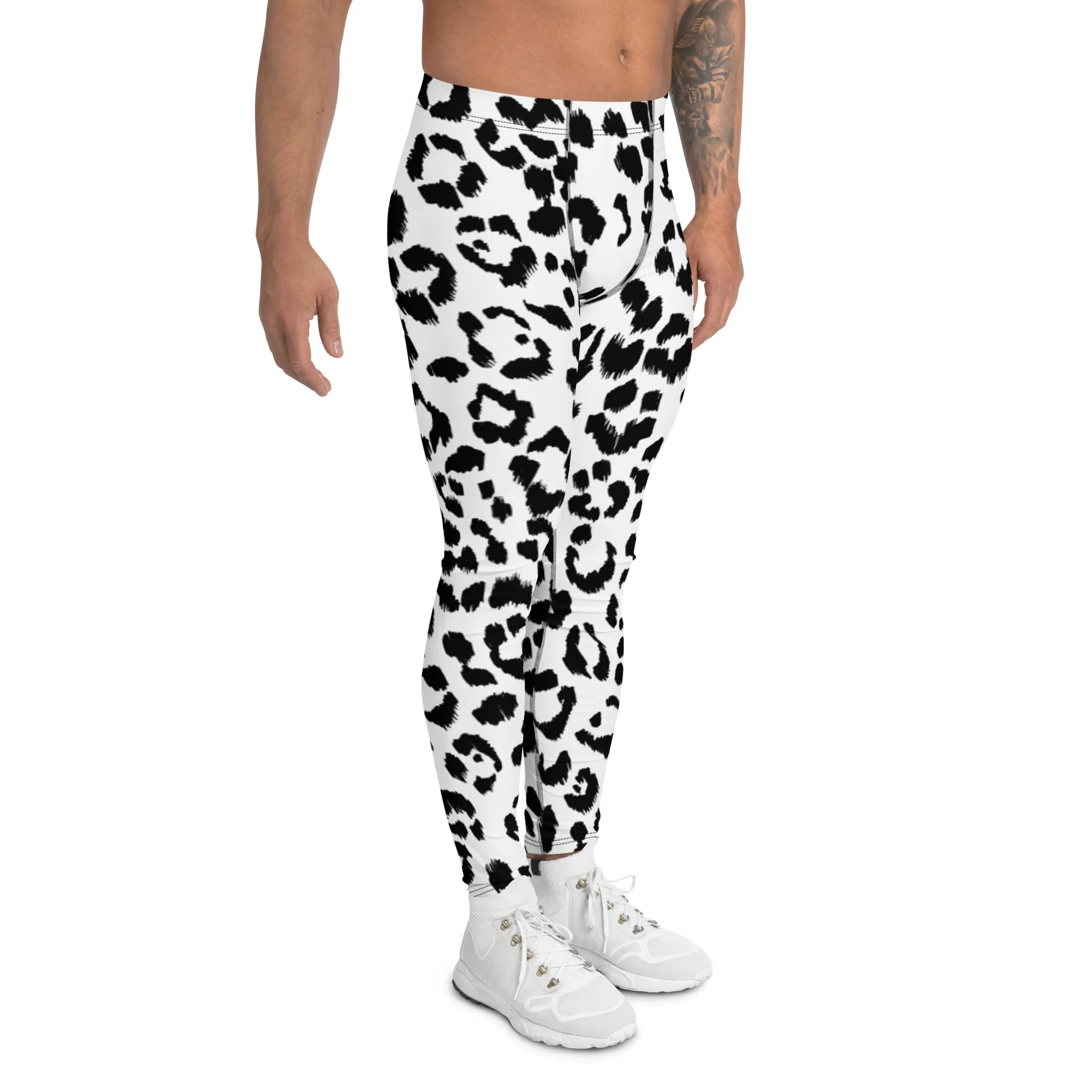 White Black Leopard Men's Leggings, Animal Leopard Print Best Designer Meggings Tights-Made in USA/EU/MX