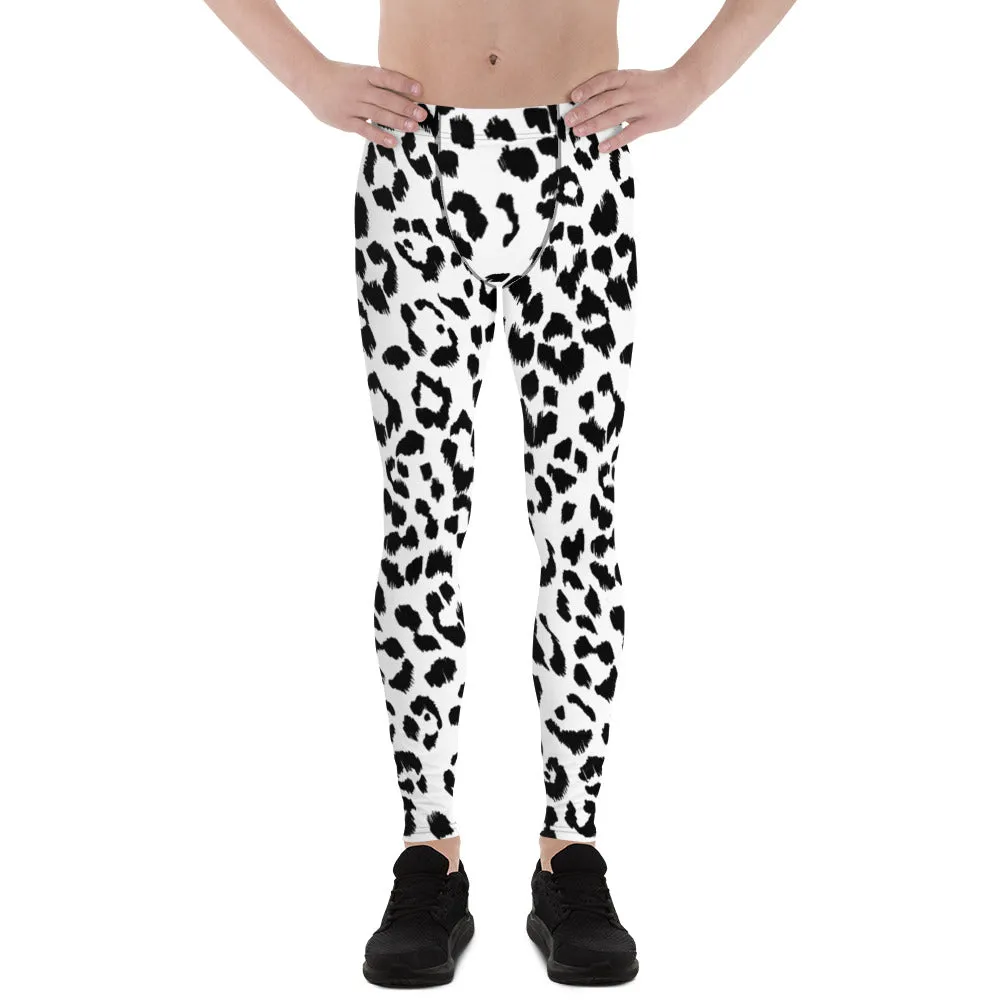 White Black Leopard Men's Leggings, Animal Leopard Print Best Designer Meggings Tights-Made in USA/EU/MX