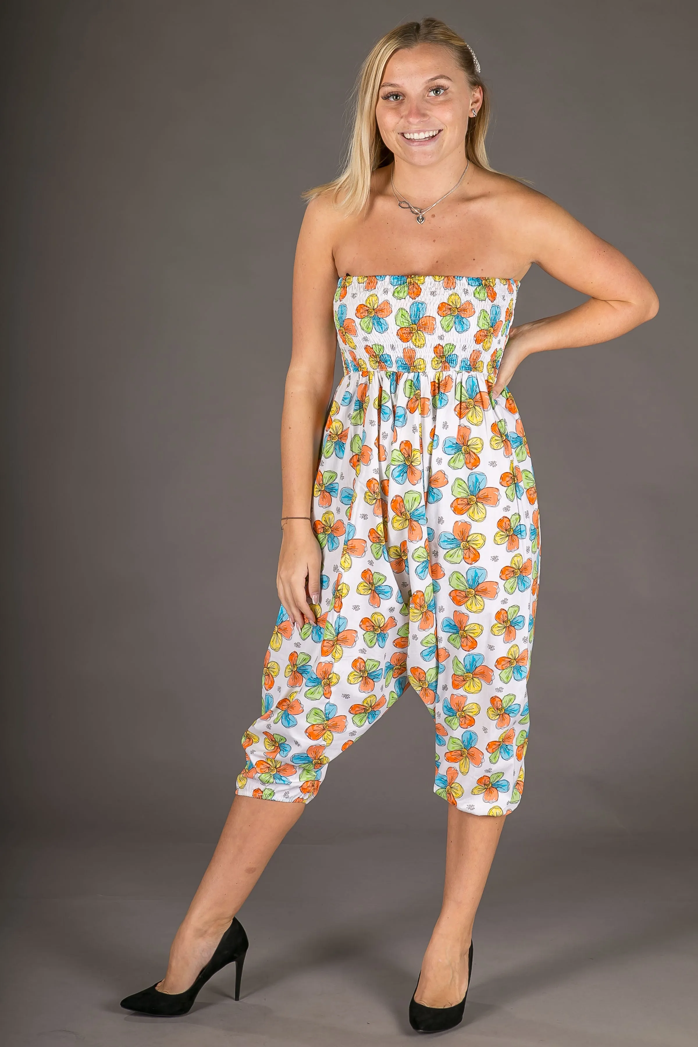 White Floral Print Cotton Harem Yoga Jumpsuit Pants