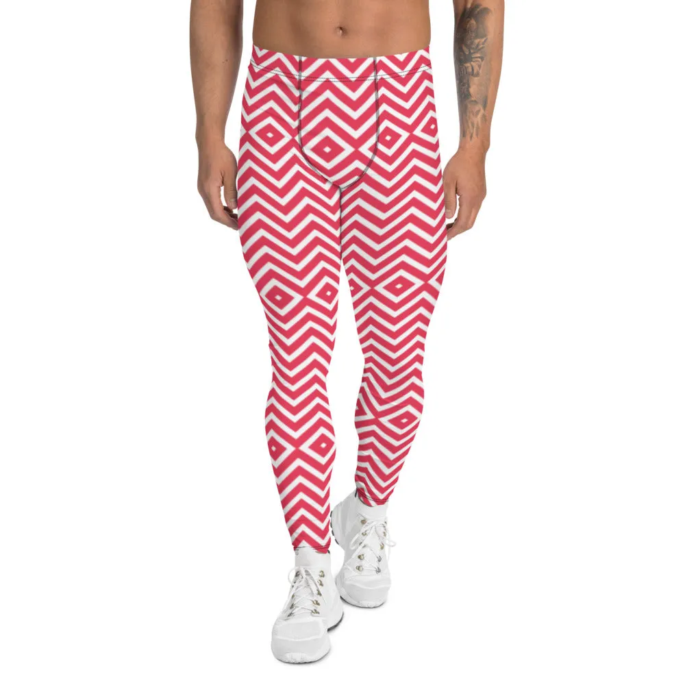 White Red Chevron Men's Leggings, Retro Style Meggings Compression Tights For Men - Made in USA/EU/MX