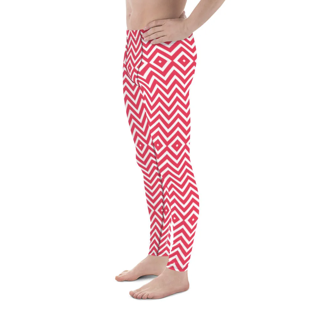 White Red Chevron Men's Leggings, Retro Style Meggings Compression Tights For Men - Made in USA/EU/MX