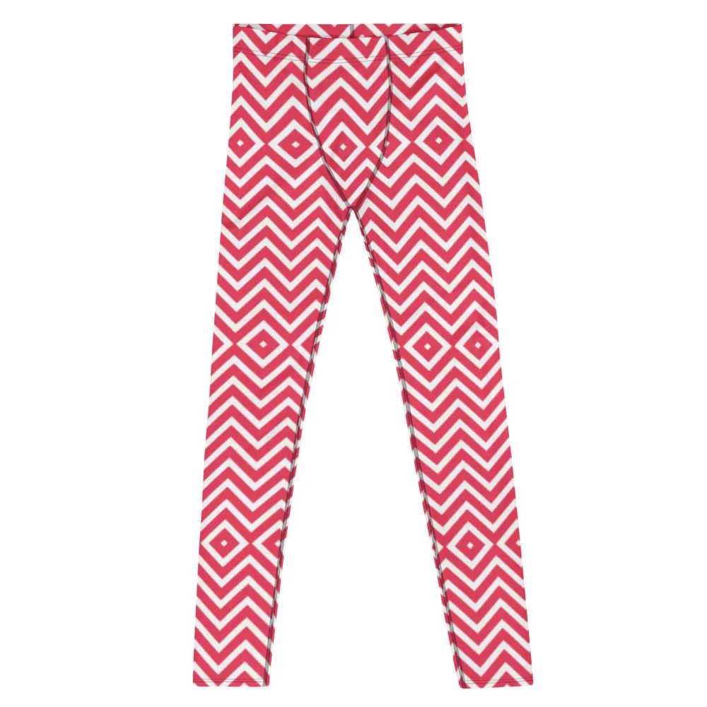 White Red Chevron Men's Leggings, Retro Style Meggings Compression Tights For Men - Made in USA/EU/MX