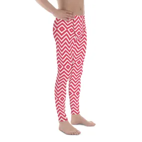 White Red Chevron Men's Leggings, Retro Style Meggings Compression Tights For Men - Made in USA/EU/MX