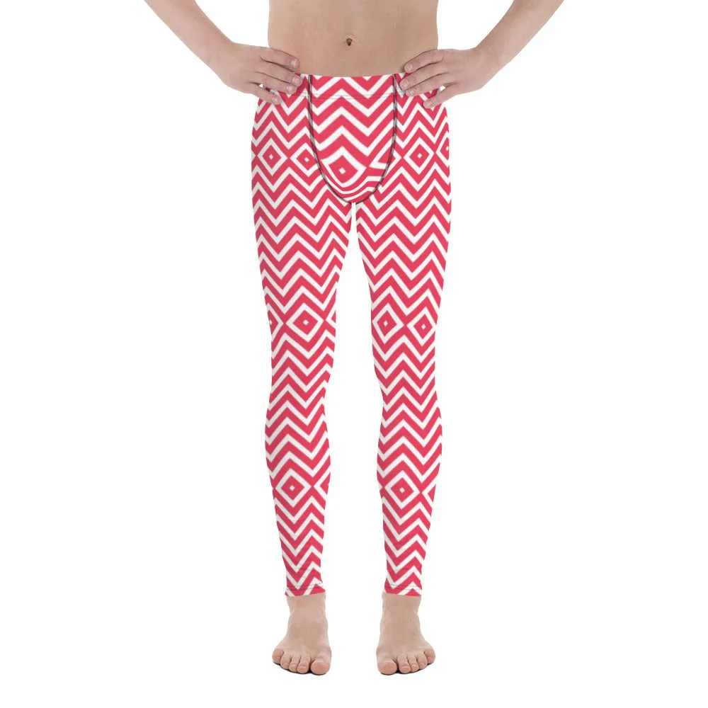 White Red Chevron Men's Leggings, Retro Style Meggings Compression Tights For Men - Made in USA/EU/MX