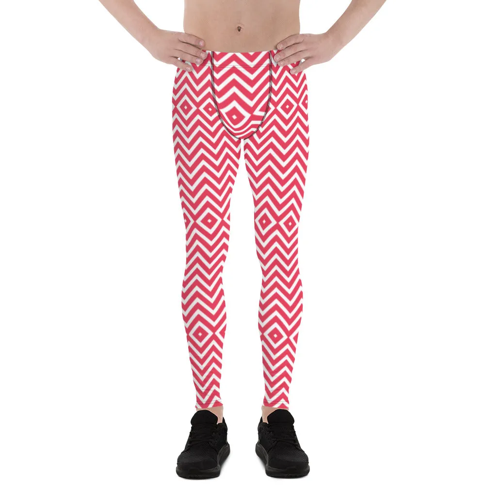 White Red Chevron Men's Leggings, Retro Style Meggings Compression Tights For Men - Made in USA/EU/MX