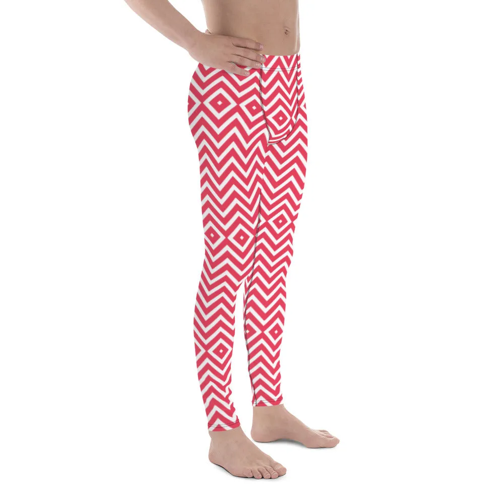 White Red Chevron Men's Leggings, Retro Style Meggings Compression Tights For Men - Made in USA/EU/MX