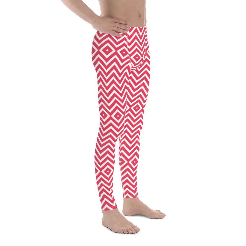 White Red Chevron Men's Tights, Retro Style Meggings Compression Tights For Men - Made in USA/EU/MX