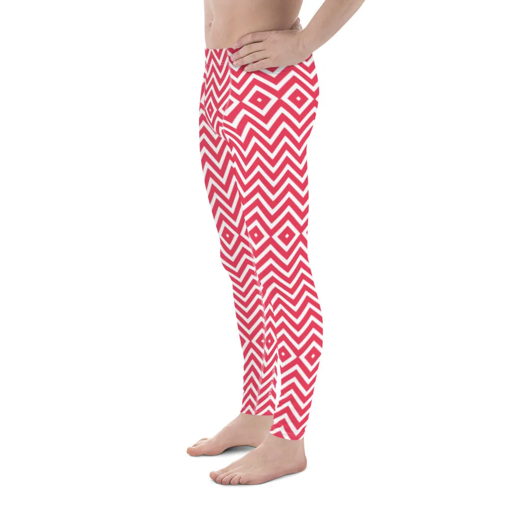 White Red Chevron Men's Tights, Retro Style Meggings Compression Tights For Men - Made in USA/EU/MX