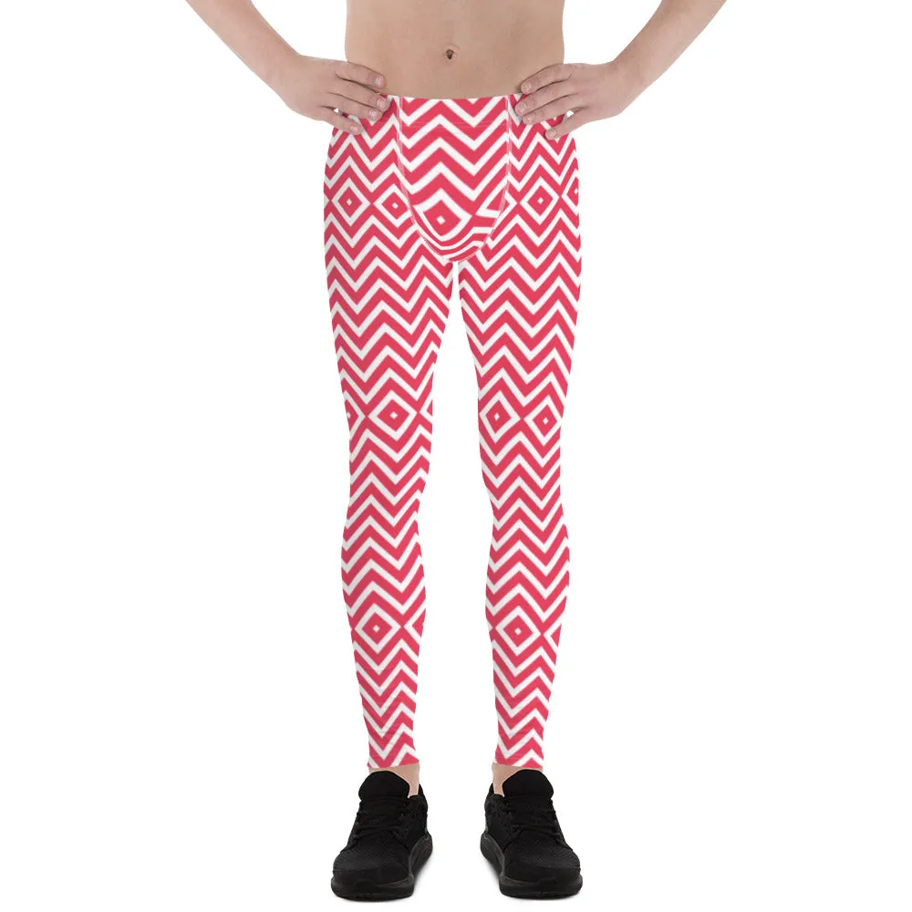 White Red Chevron Men's Tights, Retro Style Meggings Compression Tights For Men - Made in USA/EU/MX