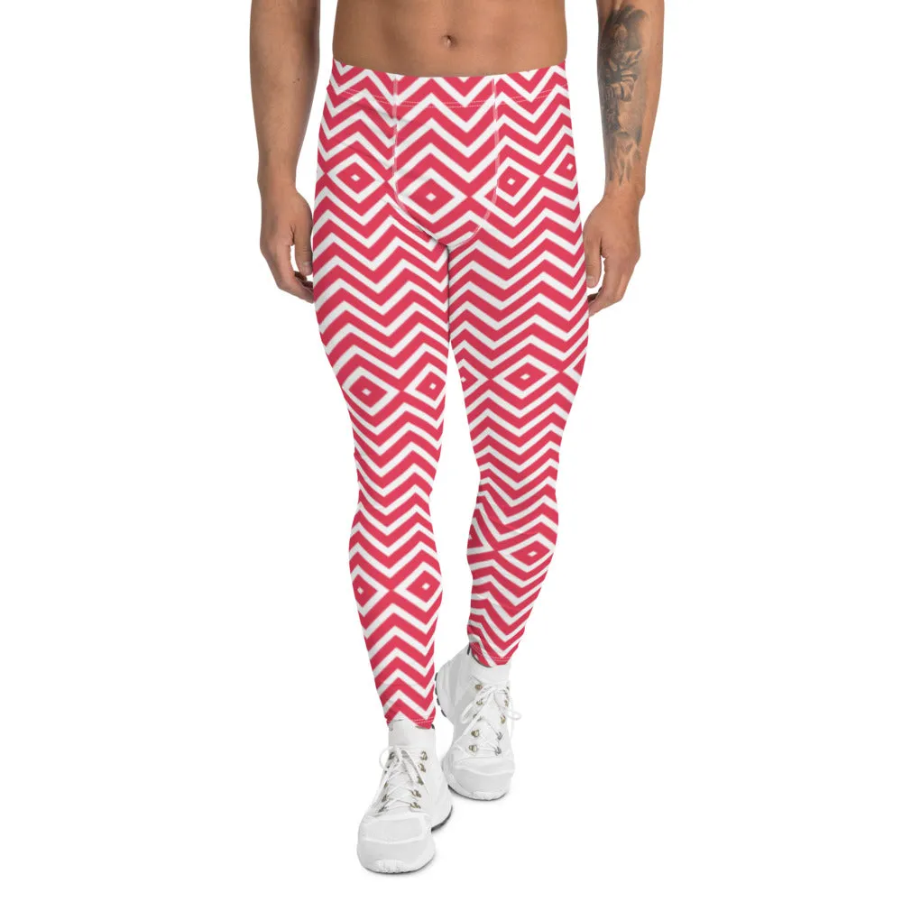 White Red Chevron Men's Tights, Retro Style Meggings Compression Tights For Men - Made in USA/EU/MX