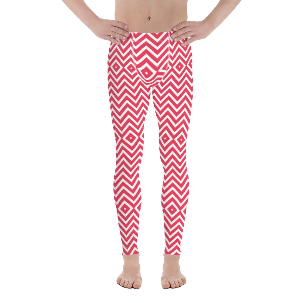 White Red Chevron Men's Tights, Retro Style Meggings Compression Tights For Men - Made in USA/EU/MX