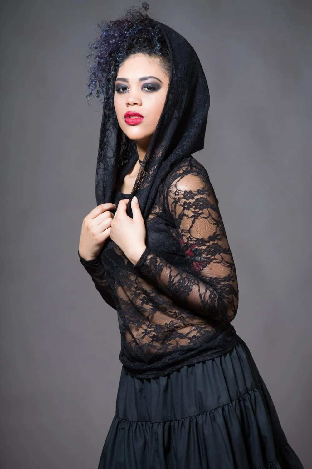 Wiccan Black Lace Top with Hood