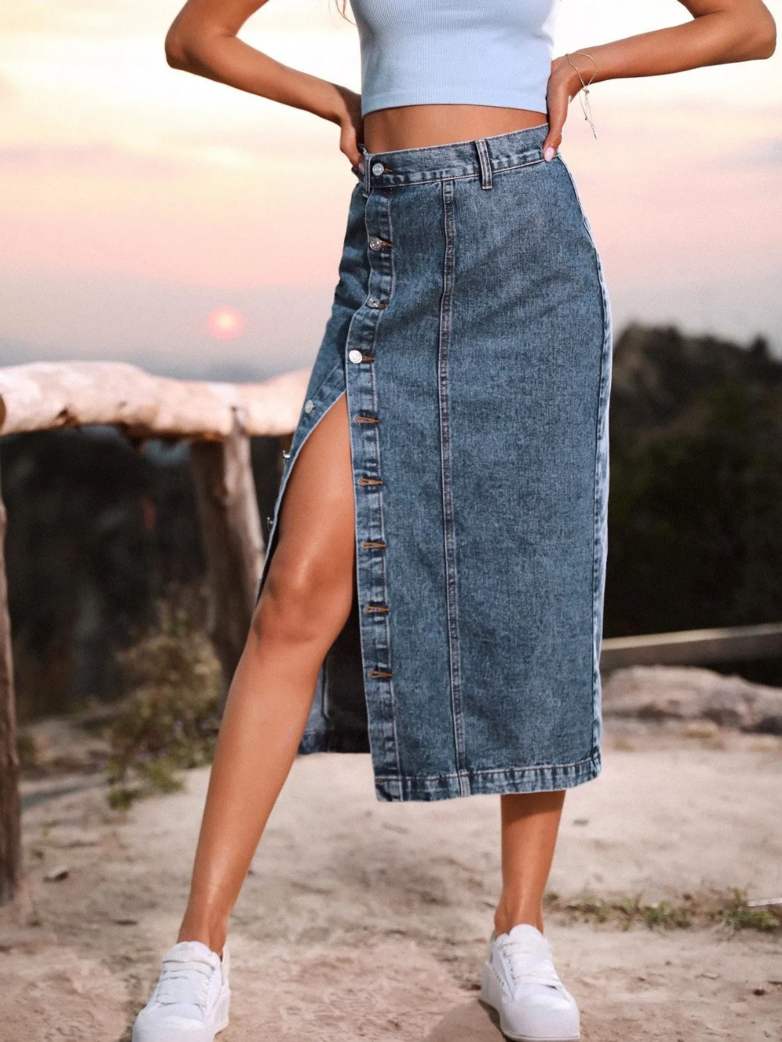 Wifey Button Down Denim Midi Skirt