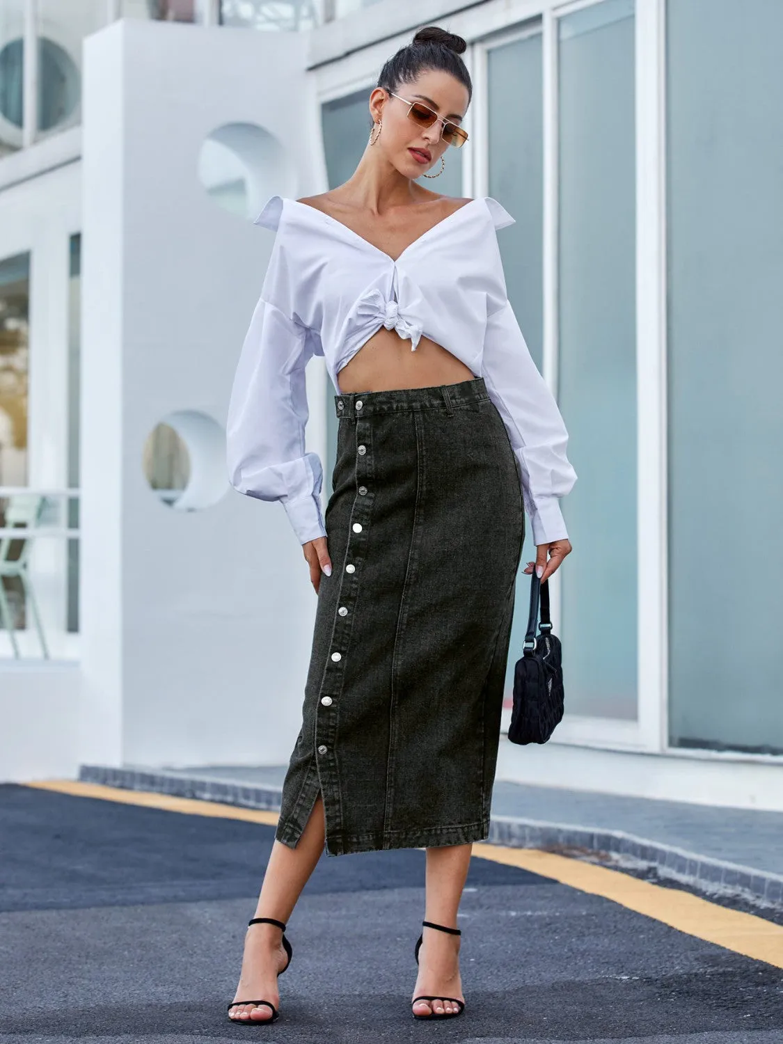 Wifey Button Down Denim Midi Skirt