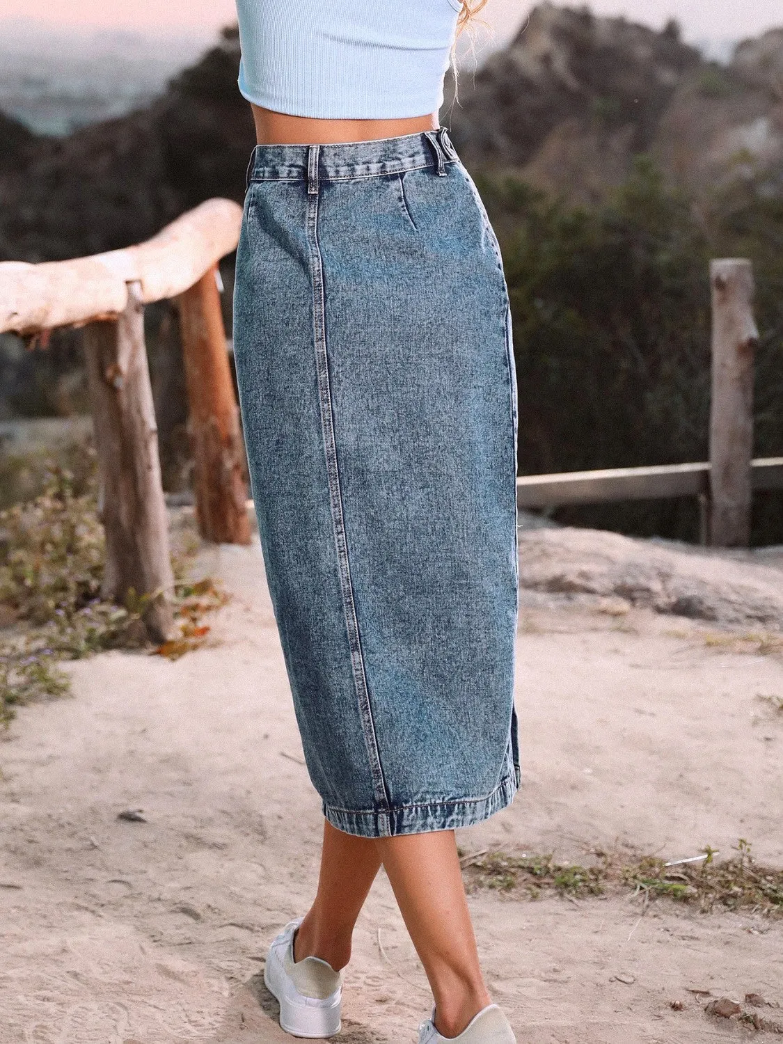 Wifey Button Down Denim Midi Skirt