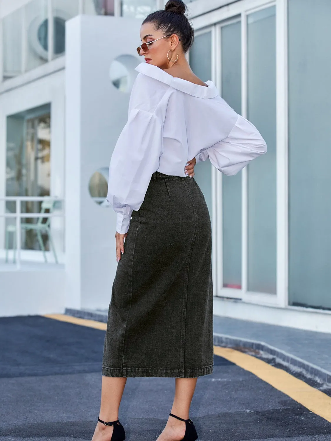 Wifey Button Down Denim Midi Skirt