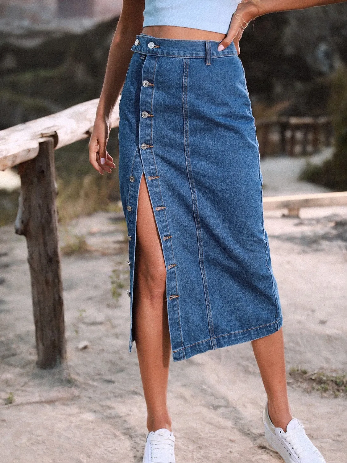 Wifey Button Down Denim Midi Skirt