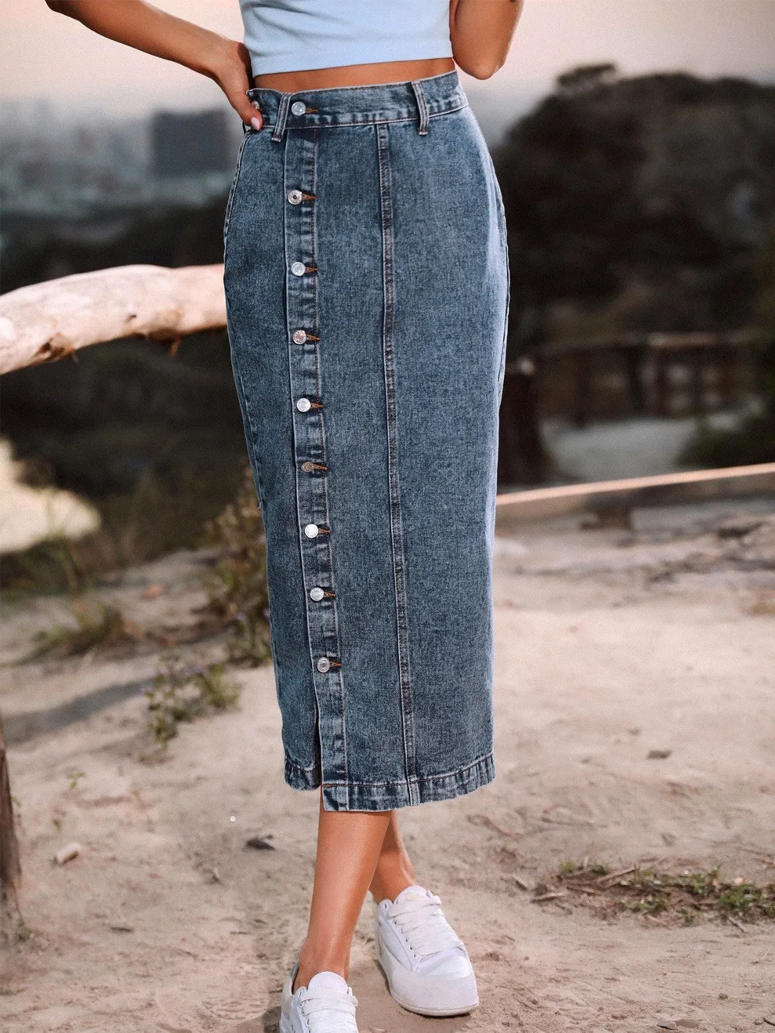 Wifey Button Down Denim Midi Skirt