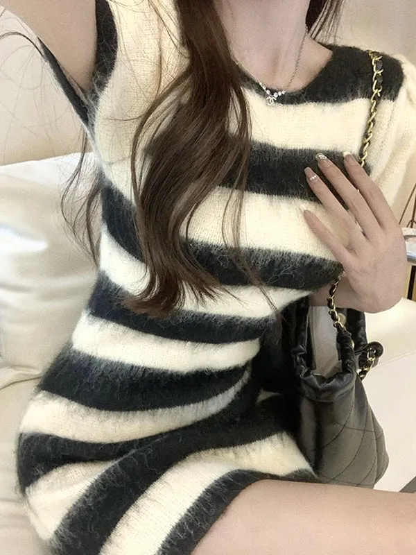 Wjczt Arm Warmer Striped Fuzzy Knit Mini Dress