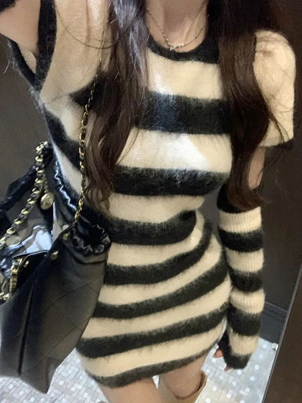 Wjczt Arm Warmer Striped Fuzzy Knit Mini Dress