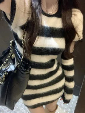 Wjczt Arm Warmer Striped Fuzzy Knit Mini Dress