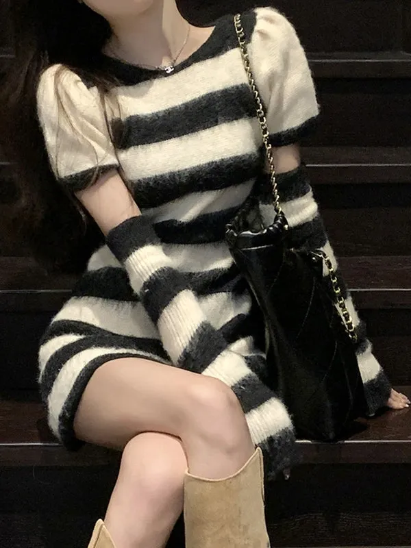 Wjczt Arm Warmer Striped Fuzzy Knit Mini Dress