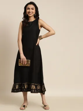 Women Black Elephant Border Foil Print Dress