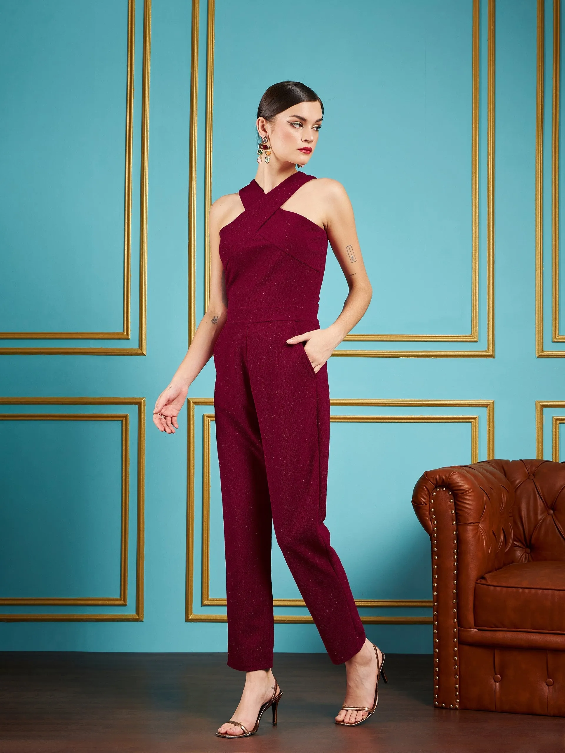 Women Maroon Gliiter Halter Neck Tapered Jumpsuit