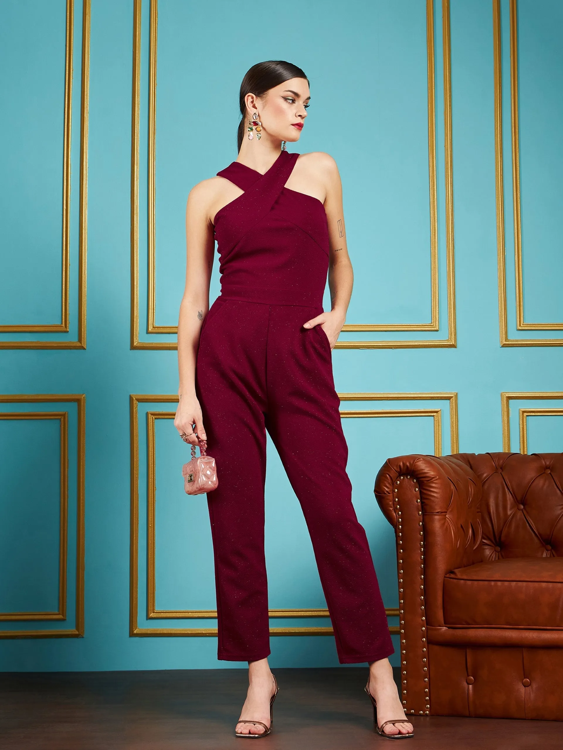 Women Maroon Gliiter Halter Neck Tapered Jumpsuit