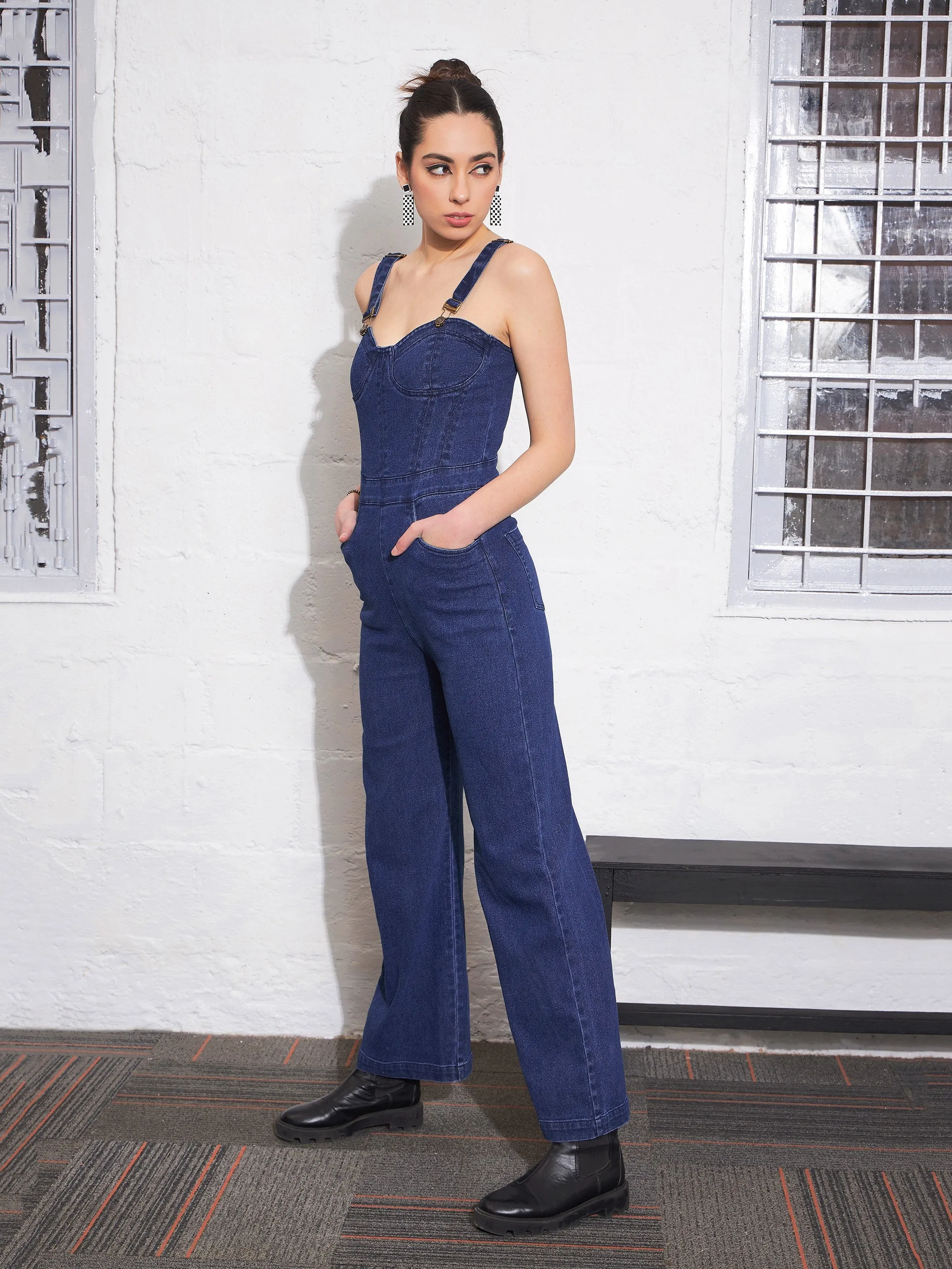 Women Navy Denim Sweatheart Strappy Corset Jumpsuit