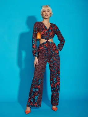 Women Navy Floral Twisted Waist Cut Out Jumpsuit