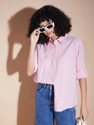 Women Pink Seersucker Pinstriped Oversized Shirt