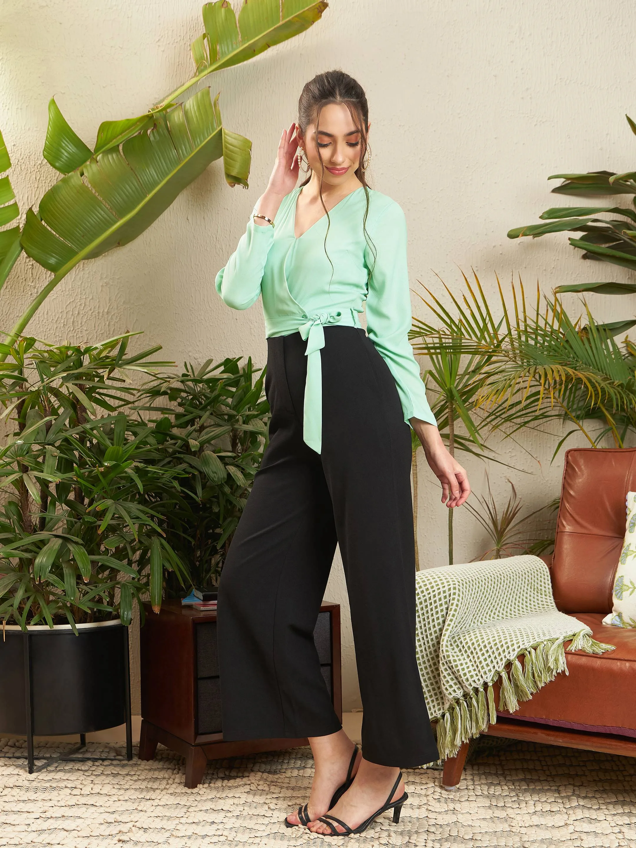 Women Sea Green & Black V Neck Belted Wrap Jumpsuit