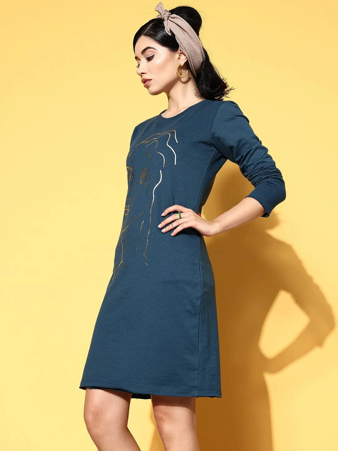 Women Teal Line Art Terry Sweat Dress