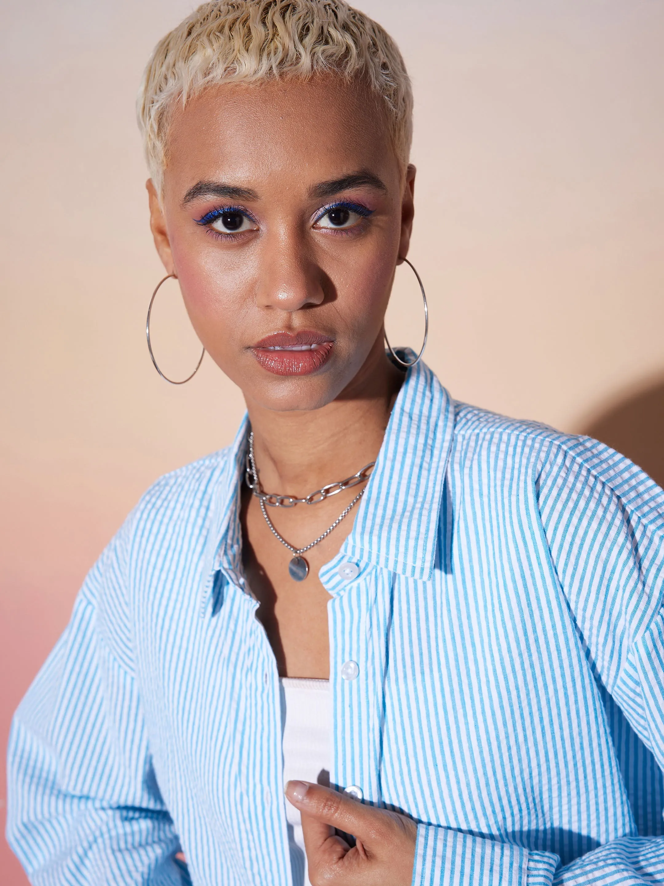 Women White & Blue Striped Shirt With Lounge Pants