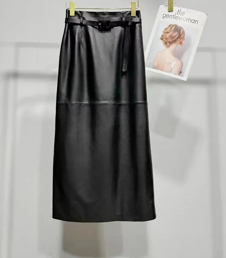 Women’s Genuine Long Leather Skirt with Belt, Slim Fit, Mid-Calf, Autumn/Winter Style