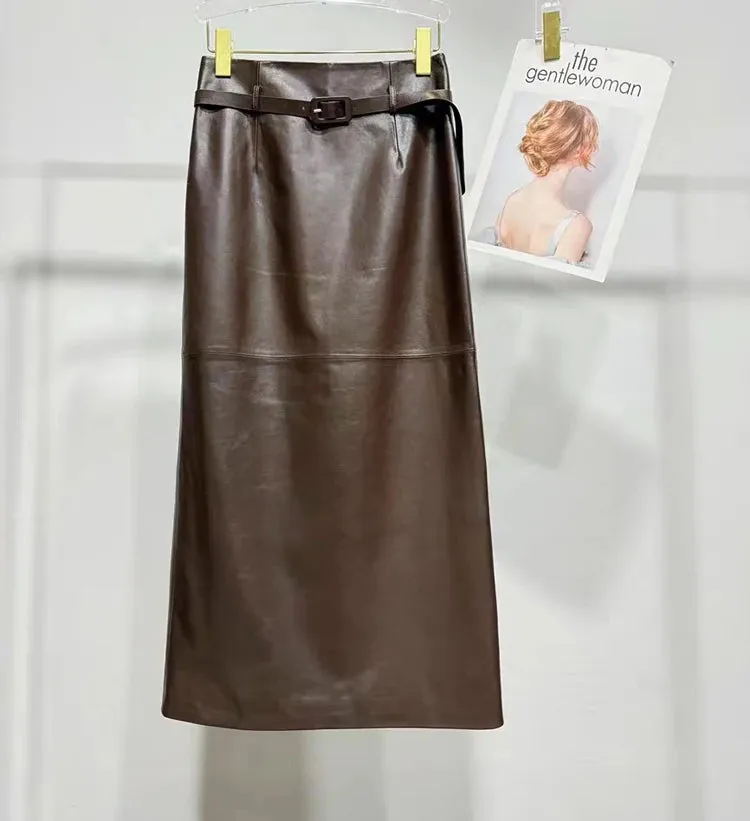 Women’s Genuine Long Leather Skirt with Belt, Slim Fit, Mid-Calf, Autumn/Winter Style