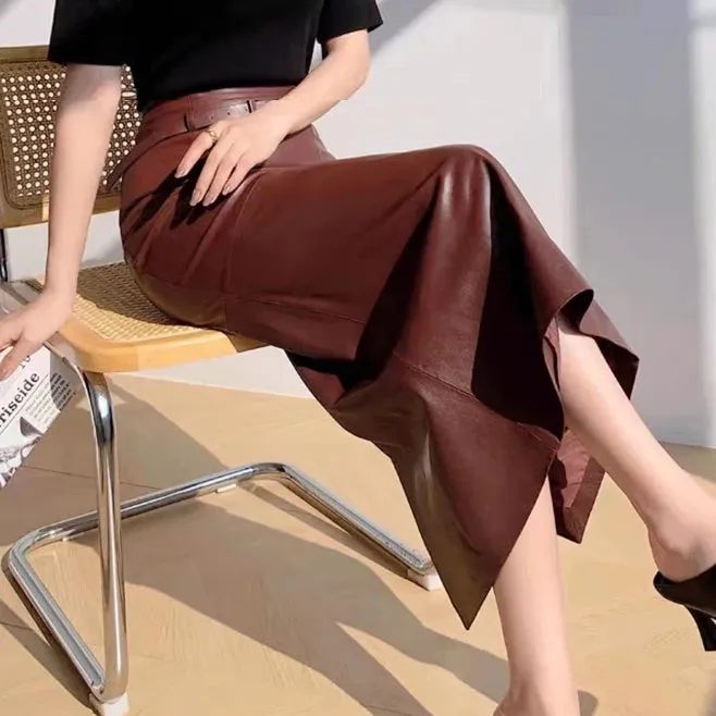 Women’s Genuine Long Leather Skirt with Belt, Slim Fit, Mid-Calf, Autumn/Winter Style