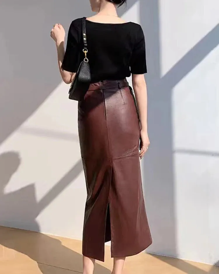 Women’s Genuine Long Leather Skirt with Belt, Slim Fit, Mid-Calf, Autumn/Winter Style