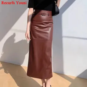 Women’s Genuine Long Leather Skirt with Belt, Slim Fit, Mid-Calf, Autumn/Winter Style