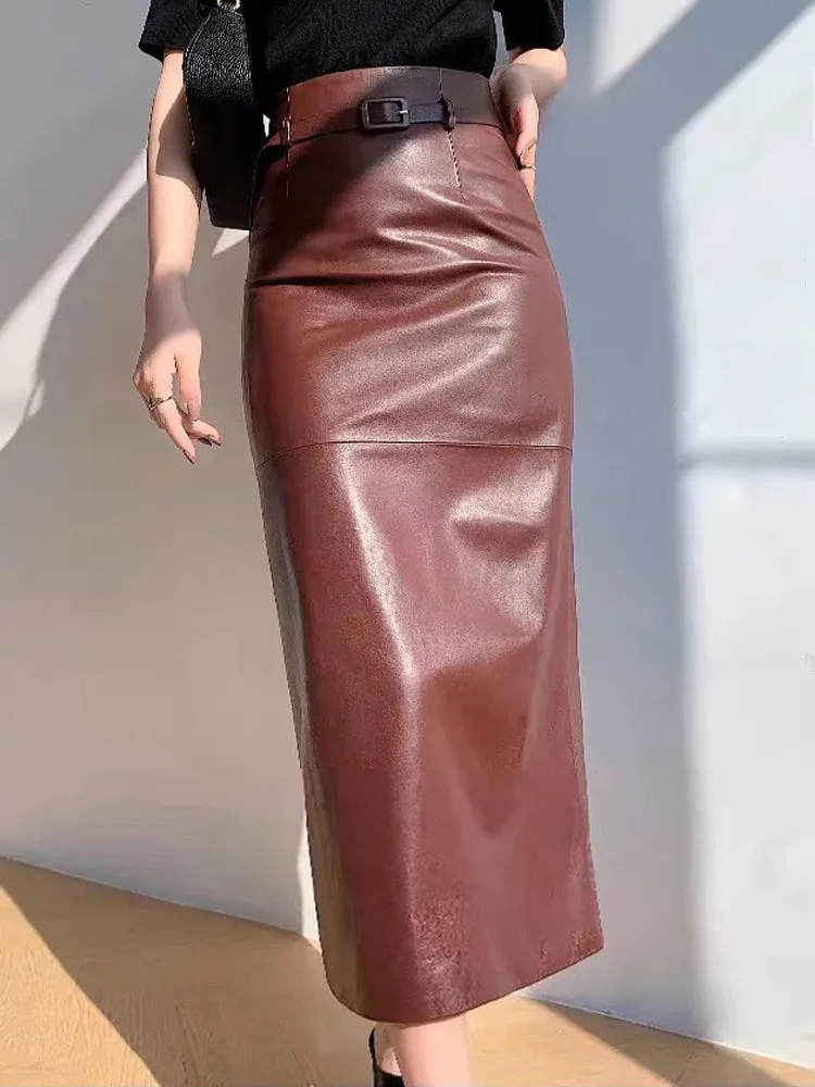 Women’s Genuine Long Leather Skirt with Belt, Slim Fit, Mid-Calf, Autumn/Winter Style